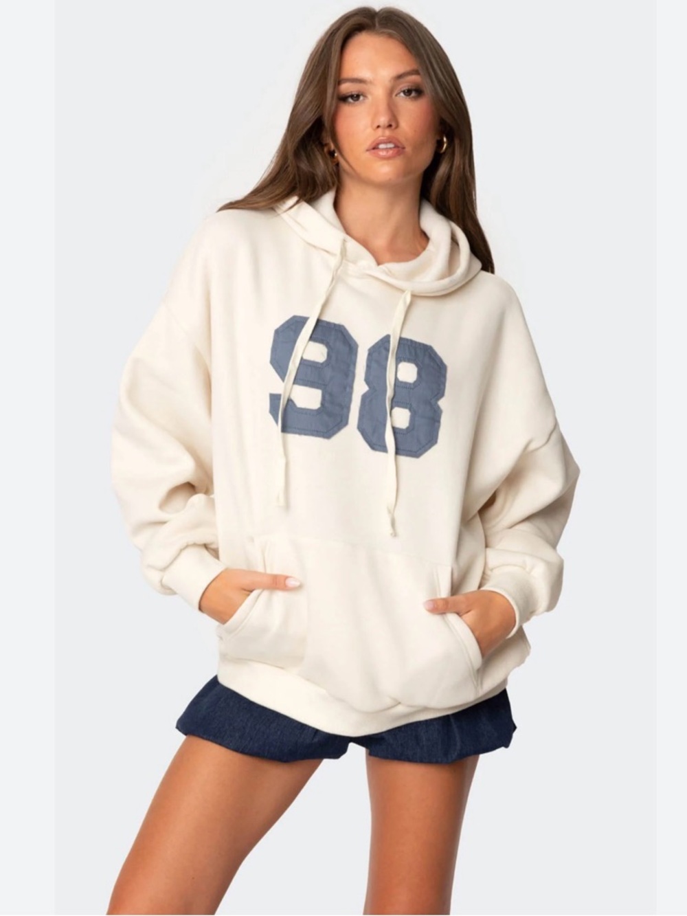Edikted 98 Oversized Hoodie Cream Graphic Pullover Sweatshirt Y2K XS
